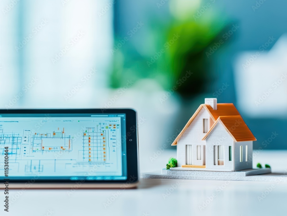 Leinwandbilder hightech workspace with a tablet displaying 3d modeling software and a miniature house resting nearb