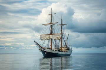A majestic sailing ship on calm waters under cloudy skies.