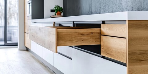 Modern kitchen furniture in white and wood design, showcasing a sleek aesthetic, with some drawers open to reveal the functional and stylish features of the modern kitchen furniture.