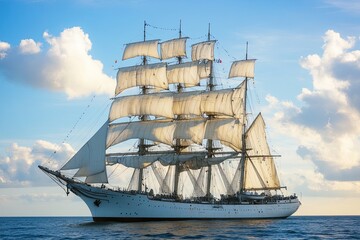 A majestic sailing ship with billowing sails at sea.