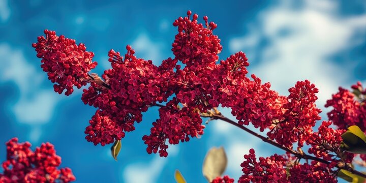 Vibrant bouquet of red lilac blossoms gracefully perched on branches, creating a stunning contrast against the sky, showcasing the beauty of red lilac in a serene natural setting.