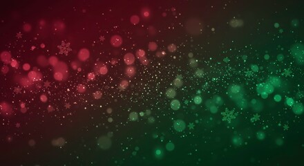 Obraz premium Red and Green Festive Sparkle: A mesmerizing blend of red and green bokeh lights, sprinkled with delicate snowflakes, creates a festive and enchanting backdrop for your holiday designs.