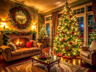 Authentic Christmas Living Room: Decorated Tree, Wreath & Garland - Festive Holiday Scene