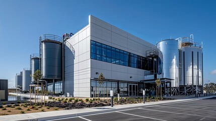 Obraz premium Modern Industrial Facility with Large Storage Tanks and Expansive Windows