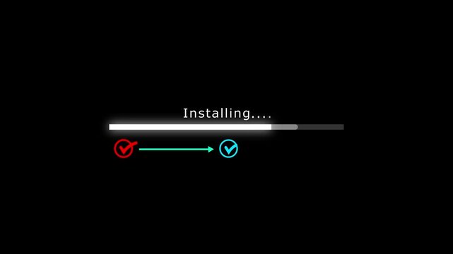  installing system updates progress bar, software update in process animation on black background.