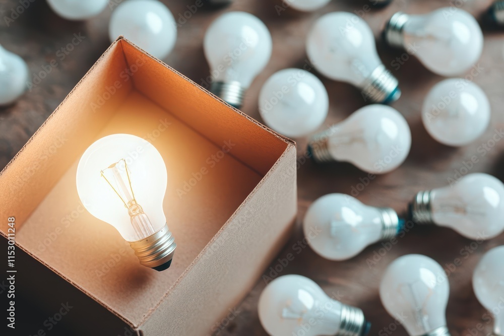 Aufkleber light bulbs scattered across a box with one glowing bright, soft warm light creating contrast, topdo