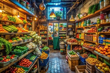 Fototapeta premium Authentic NYC Bodega Interior: Shelves, Produce, and City Life