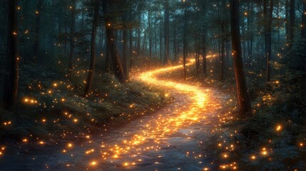 Fototapeta premium Magical firefly path winding through a dark forest at night.