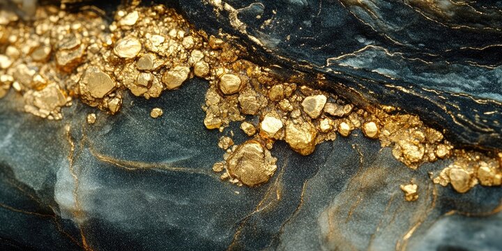 Macro photograph showcasing a gold vein, highlighting stunning nuggets embedded within stone. This gold vein close up captures the intricate details of the nuggets in the stone beautifully.