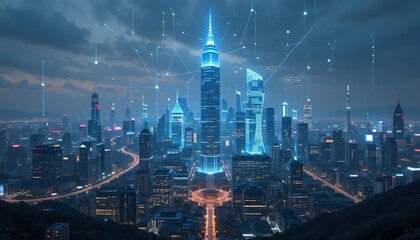 Futuristic Cityscape Illuminated At Night Networked Towers