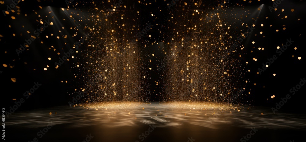Poster background of golden sparkles and light rays creating an enchanting scene for events, celebrations, 