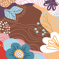 Abstract beautiful floral pattern with square shaped flowers and leaves. Beautiful floral composition with geometric elements on dark background. Unique trendy colorful colorful colorful background