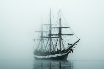A majestic ship emerges from dense fog on calm waters.