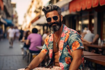Obraz premium A man in a Hawaiian shirt sits at a table in a busy outdoor area