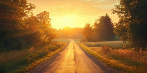 Obraz premium Serene country road welcomes a beautiful morning sunrise, creating a picturesque landscape. Experience the charm of a country road as the beautiful morning sunrise illuminates the scene.
