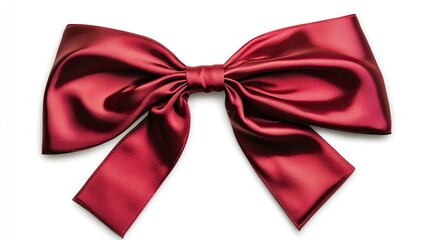 Red satin ribbon with bow isolated on white, top view 