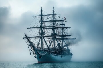 A majestic ship navigating through foggy waters.