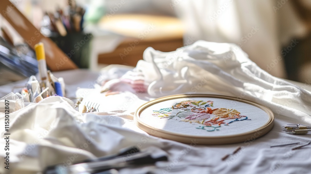 Poster a pristine embroidery workspace with needles and threads neatly arranged on a hoop, a cozy room with