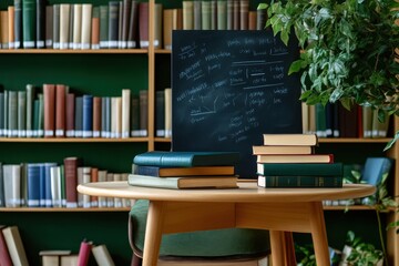 Chalkboard in a cozy library corner, featuring a vintage key as a symbol of knowledge and exploration.