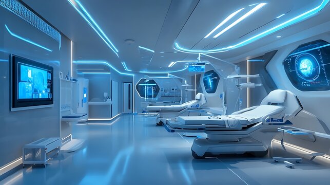 Futuristic hospital ward with advanced medical technology sleek design.