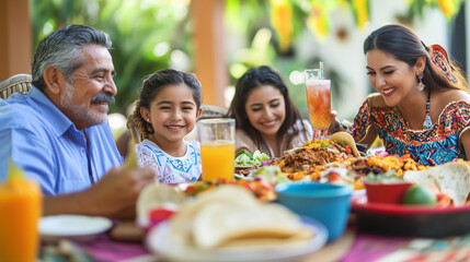 Happy family enjoying a traditional Mexican meal outdoors