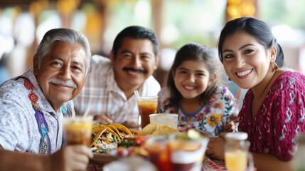Obraz premium Smiling family enjoying traditional Mexican food together