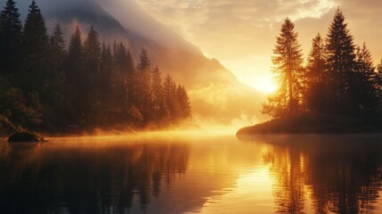Obraz premium Sunrise over a lake in a forest with fog and mountains