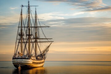 Obraz premium A majestic tall ship sailing at sunset on calm waters.