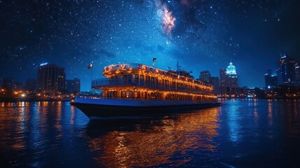 Illuminated cruise ship on a river at night under a starry sky and cityscape.