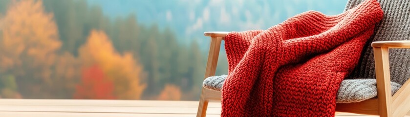 Fototapeta premium Macro shot of a cozy knit blanket draped over a soft armchair, inviting warmth and comfort for relaxation.
