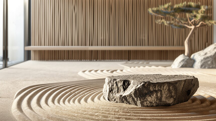 Obraz premium Zen garden stone podium with raked sand patterns 