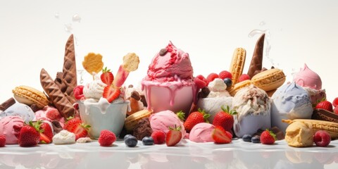 Obraz premium Delicious Ice Cream Scoops display with Fresh Fruits and Waffle Cones Perfect for Summer Desserts advertisement and Treats Photography