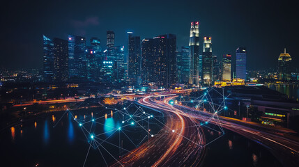 Obraz premium Smart digital city with connection cyber security network reciprocity over the cityscape . future smart wireless digital city and social media networking systems that connects people within the city