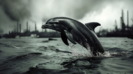 Obraz premium Dolphin breaches through polluted water, showcasing the impact of industrial waste under a gloomy sky