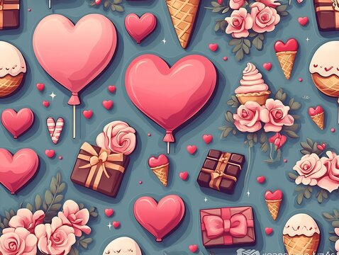 Vibrant Valentine s Day Themed Seamless Pattern with Hearts Gifts and Sugary Treats in Cartoon Style