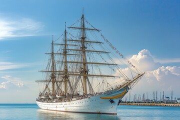 A majestic tall ship sailing in calm waters.