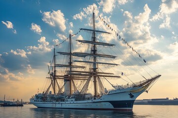 A majestic tall ship sailing in a scenic harbor at sunset.