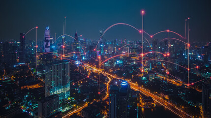 Fototapeta premium Smart digital city with connection cyber security network reciprocity over the cityscape . future smart wireless digital city and social media networking systems that connects people within the city
