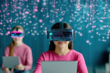 Team of young professionals developing ideas using augmented reality glasses, forwardthinking organization, collaborative innovation