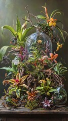 Intricate Still Life of Rare Botanical Specimens with Glass Terrarium