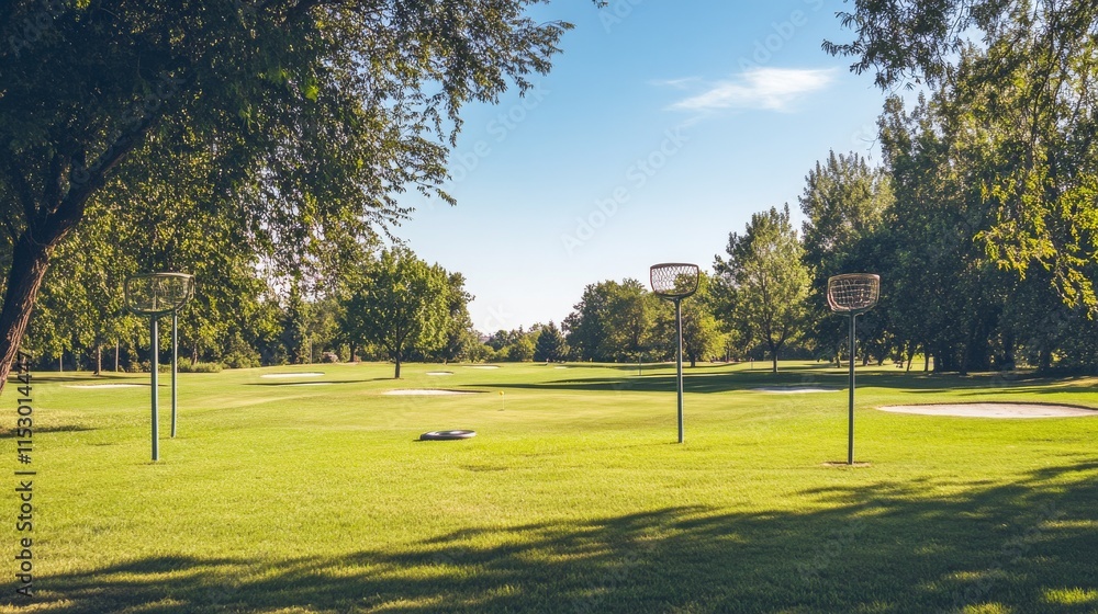 Poster A pristine frisbee golf course with discs neatly arranged near the starting tee, A bright, open field with clearly marked baskets and soft grass