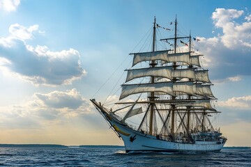 A majestic tall ship sailing on a calm sea under clouds.