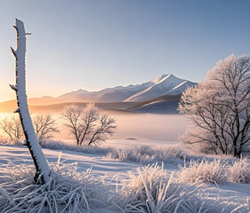 Winter panorama landscape with a snow-covered forest and trees at sunrise. A winter morning marking the beginning of a new day. Winter landscape with sunset, panoramic view.
