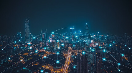 Smart digital city with connection cyber security network reciprocity over the cityscape . future smart wireless digital city and social media networking systems that connects people within the city