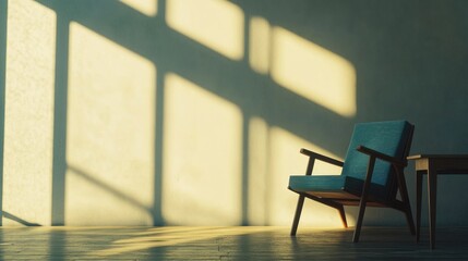Sunlight streams through a window onto a blue armchair and side table in a minimalist room.