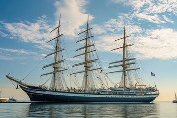 A majestic tall ship sailing on calm waters.