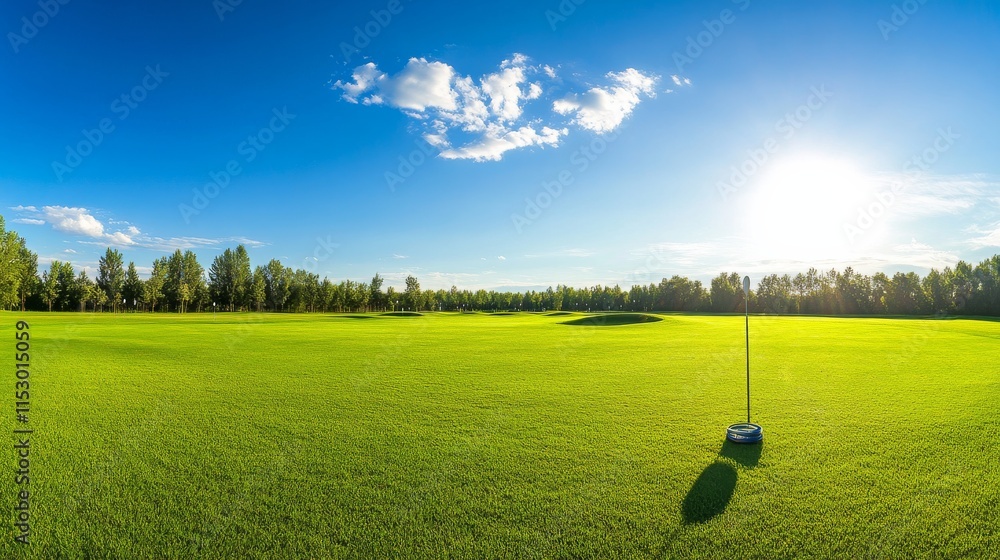 Poster A pristine frisbee golf course with discs neatly arranged near the starting tee, A bright, open field with clearly marked baskets and soft grass