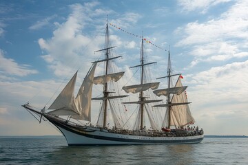 A majestic tall ship sailing on calm waters.