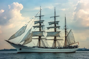A majestic tall ship sailing on calm waters.