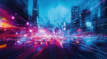 Watercolor of abstract city streets where cars are glowing nodes interconnected by flowing lines of light